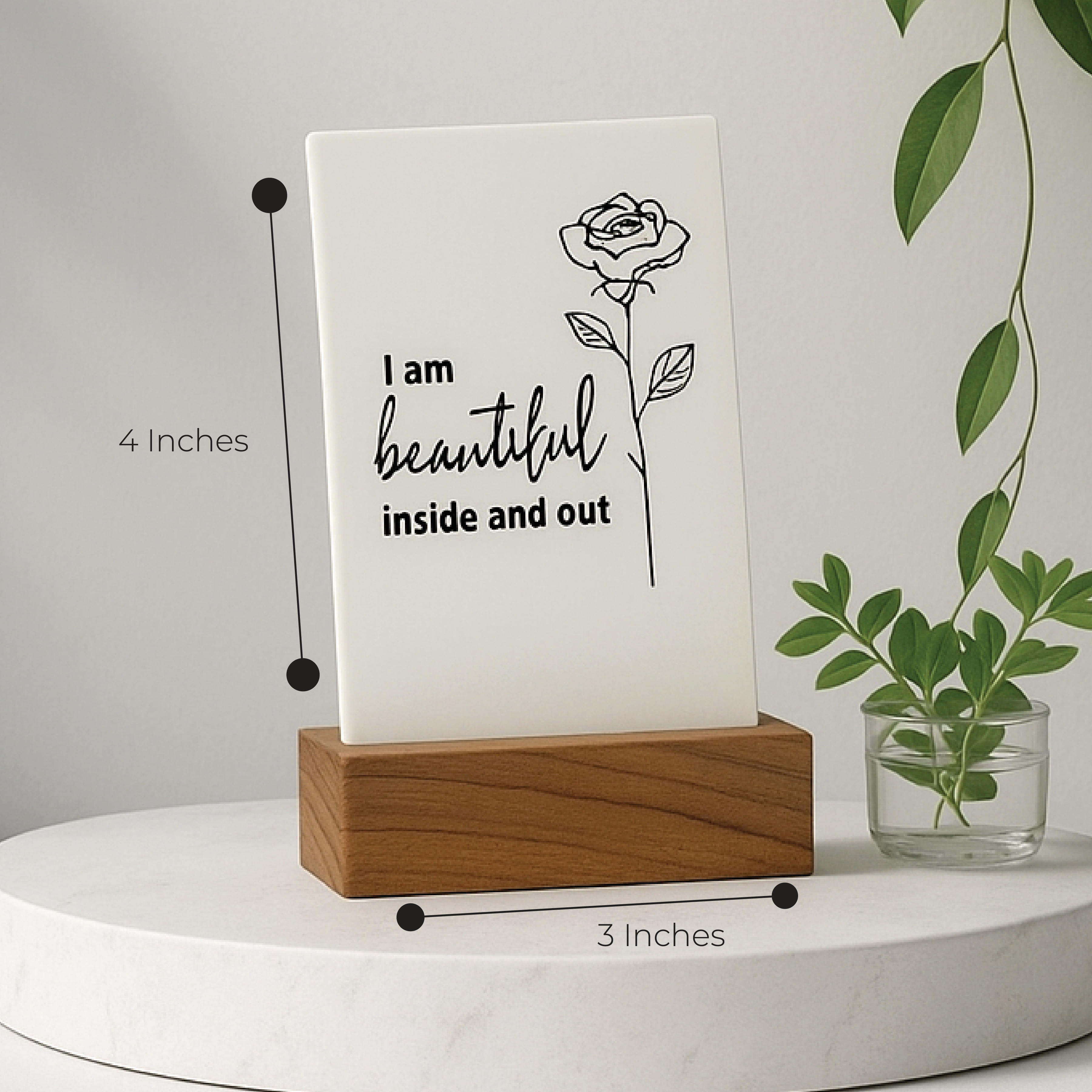 Artszila Inspirational Desk Decor, Acrylic Frame with Wooden Stand, 4x3 Inches, Beautiful Inside and Out Affirmation, UV Printed Rose Design