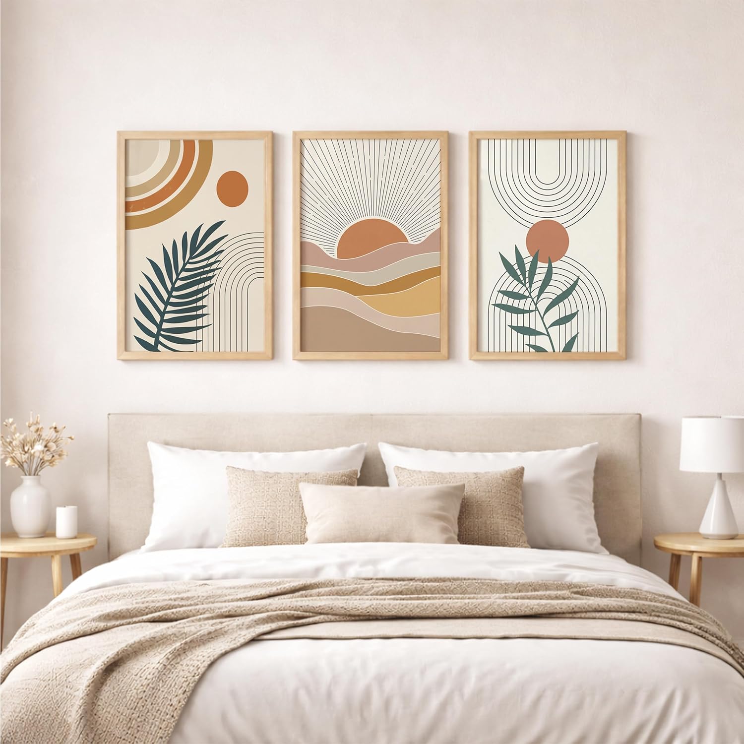 Boho Abstract Wall Art Set of 3, Framed Geometric Botanical Prints with Natural Wood Frame, Terracotta and Neutral Tones (Design 2, 10x13 Inches)