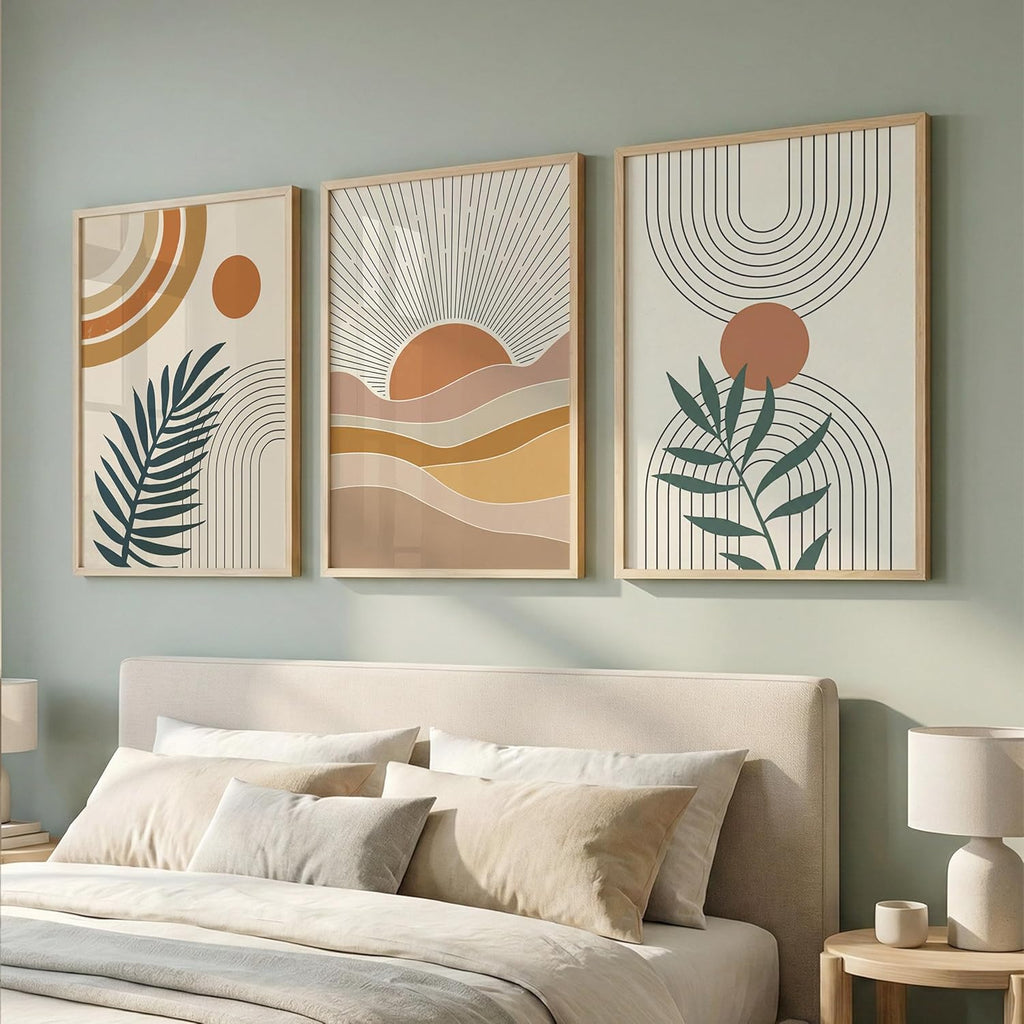 Boho Abstract Wall Art Set of 3, Framed Geometric Botanical Prints with Natural Wood Frame, Terracotta and Neutral Tones (Design 2, 10x13 Inches)