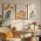 Boho Abstract Wall Art Set of 3, Framed Geometric Botanical Prints with Natural Wood Frame, Terracotta and Neutral Tones (Design 2, 10x13 Inches)