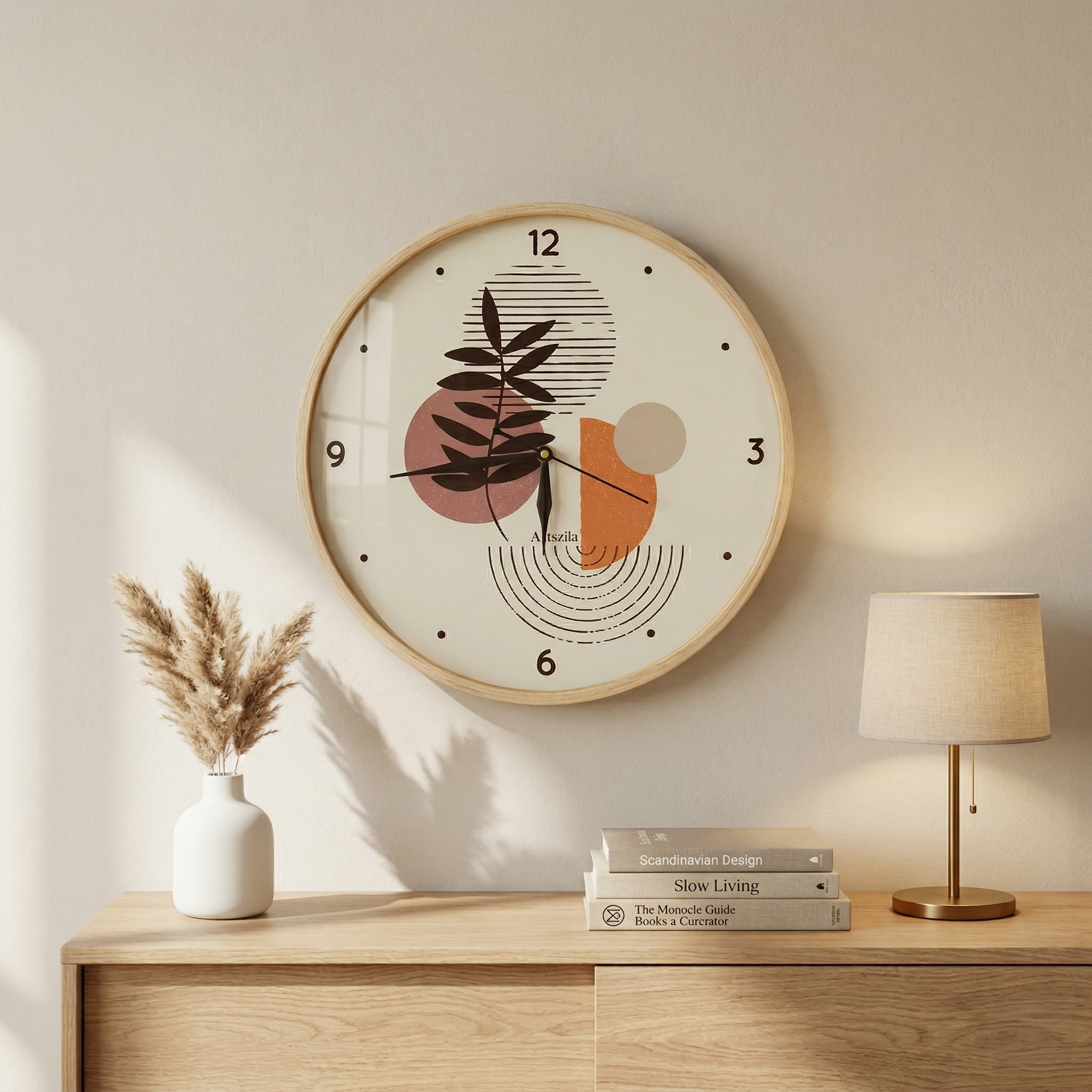 Boho Wall Clock 12 Inch — Terracotta Abstract Resin Art, Natural Wood Frame, Silent Quartz Movement
