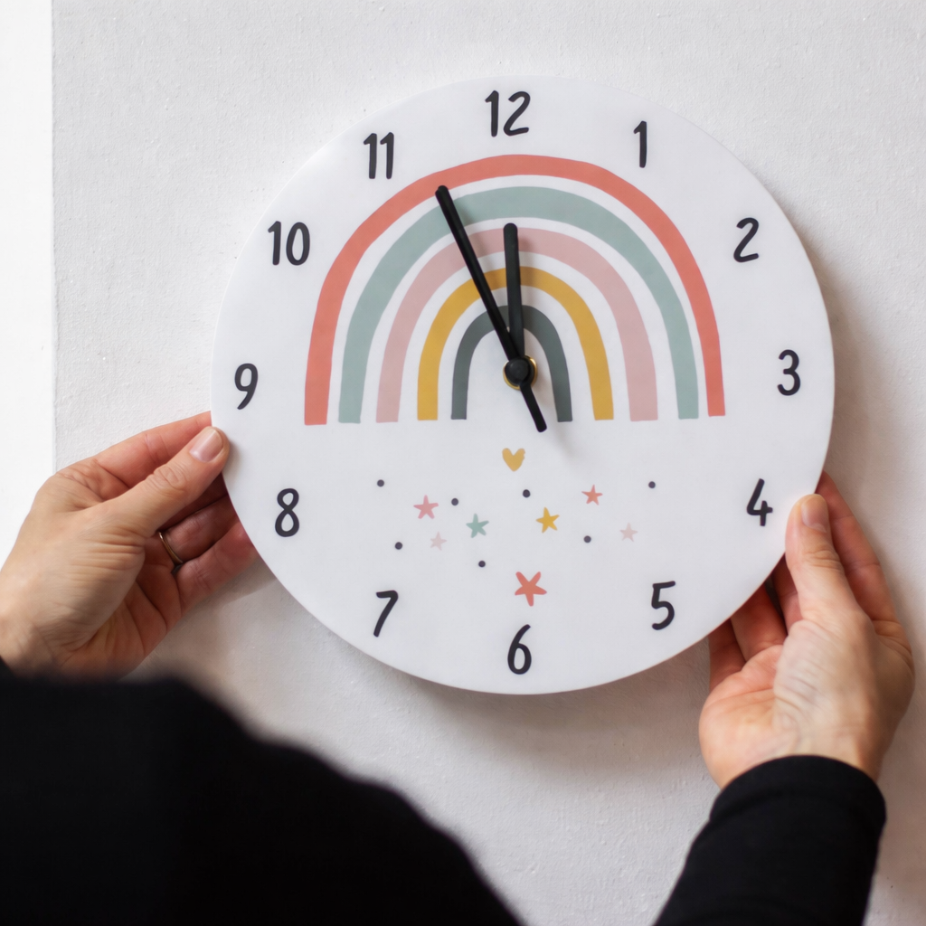 Pastel Rainbow Kids Wall Clock – Cute Nursery Room Decor (Silent, Ready-to-Hang)