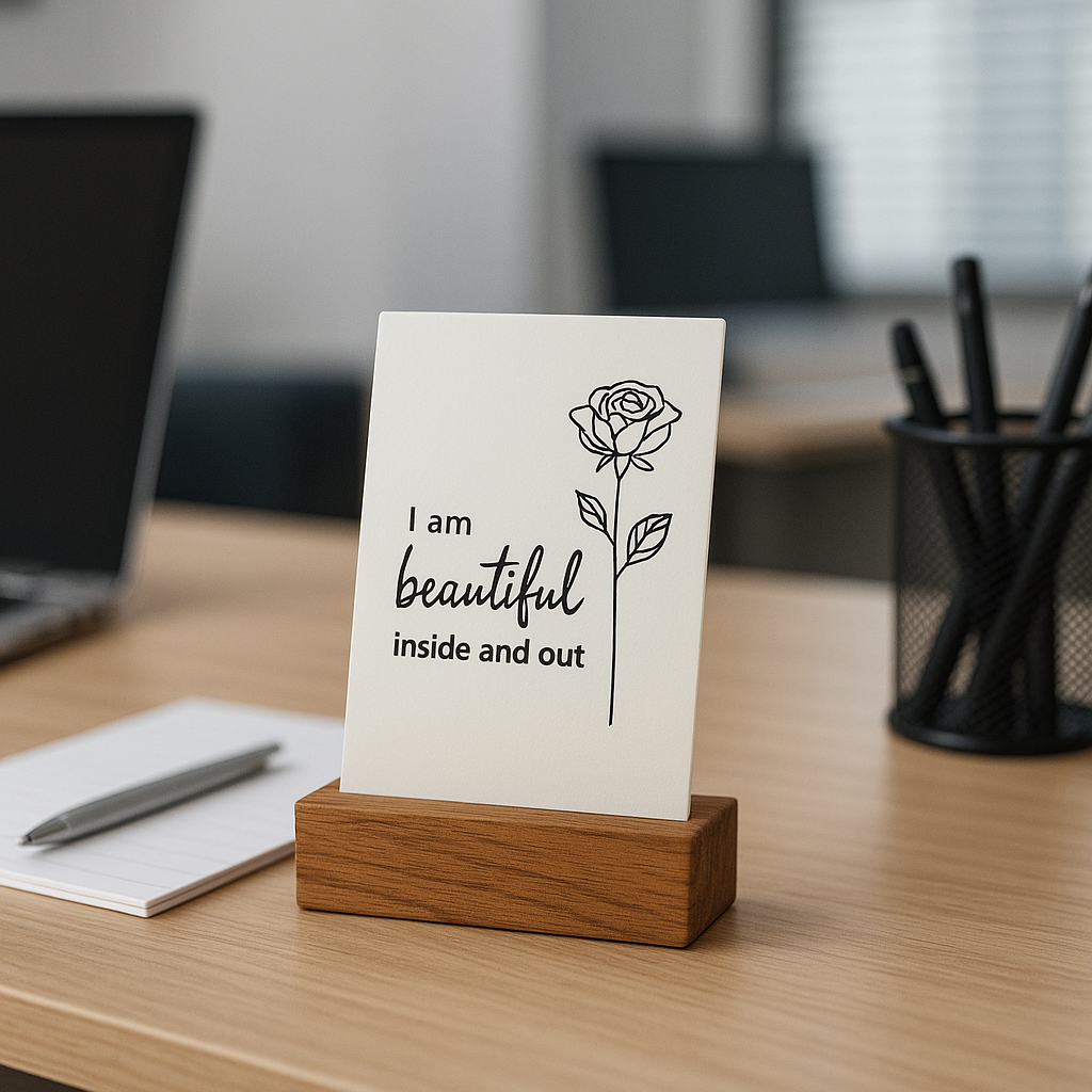 Artszila Inspirational Desk Decor, Acrylic Frame with Wooden Stand, 4x3 Inches, Beautiful Inside and Out Affirmation, UV Printed Rose Design