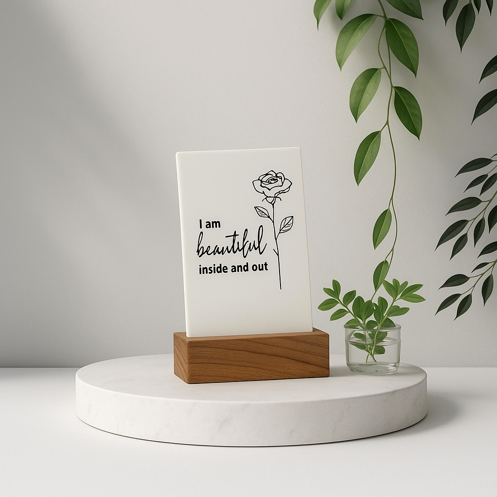 Artszila Inspirational Desk Decor, Acrylic Frame with Wooden Stand, 4x3 Inches, Beautiful Inside and Out Affirmation, UV Printed Rose Design