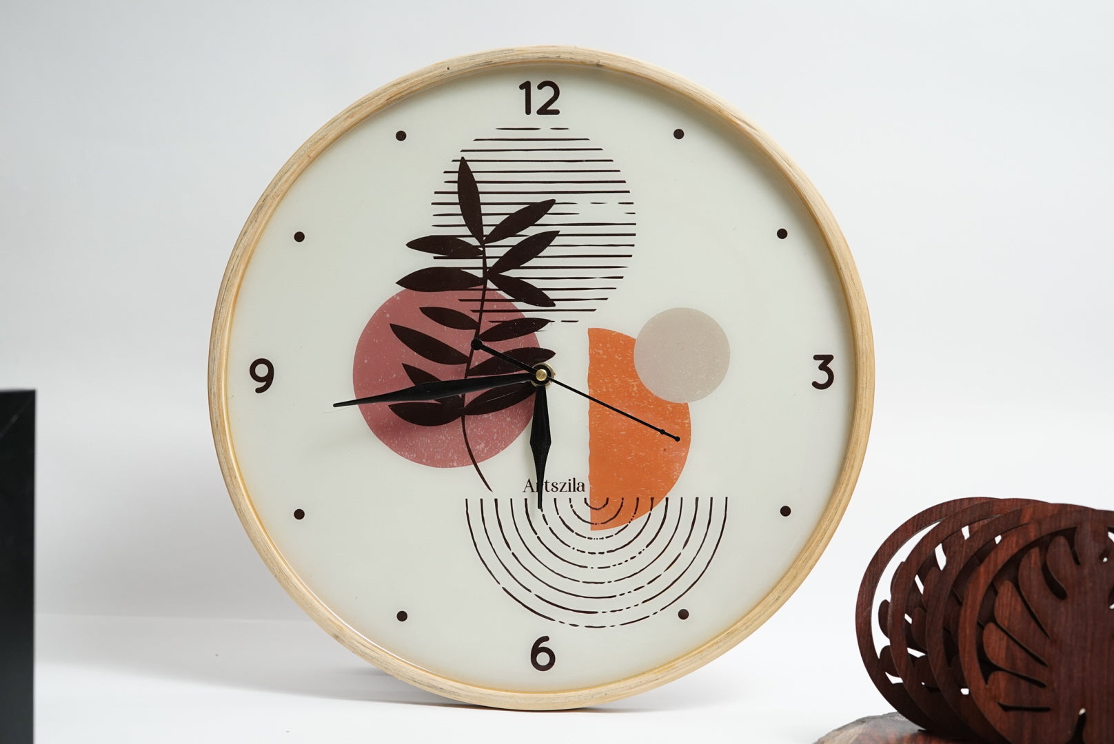 Boho Wall Clock 12 Inch — Terracotta Abstract Resin Art, Natural Wood Frame, Silent Quartz Movement