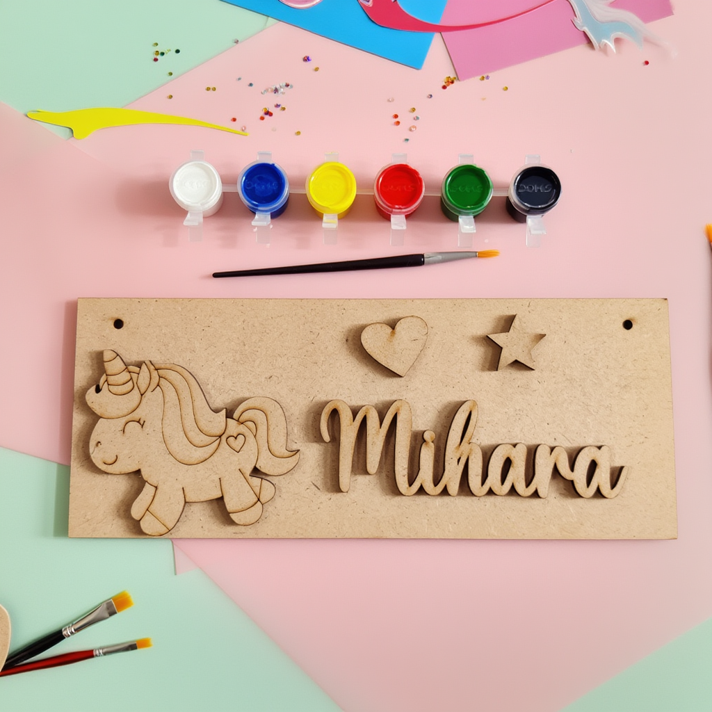 ARTSZILA® DIY Unicorn Personalised MDF Name Plate Kit | Paint Your Own Kids Room Door Name Board