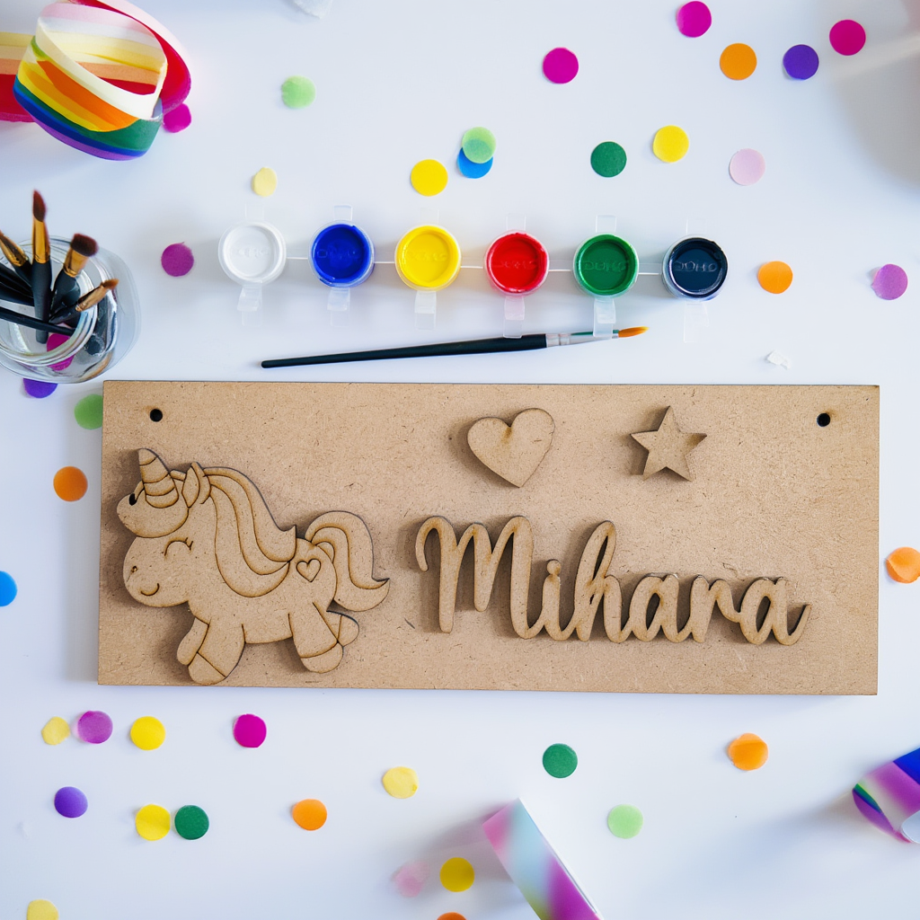 ARTSZILA® DIY Unicorn Personalised MDF Name Plate Kit | Paint Your Own Kids Room Door Name Board