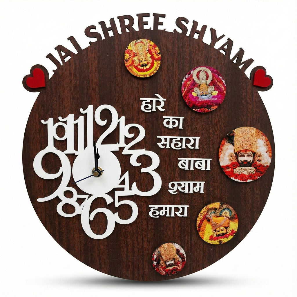 Khatu Shyam Baba Wooden Wall Clock with Free Car Hanging – Handcrafted Spiritual Timepiece for Home, Office & Temple Decor