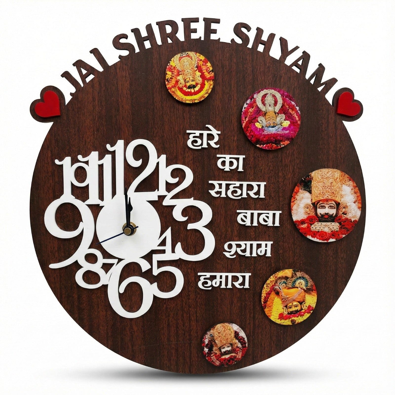 Khatu Shyam Baba Wooden Wall Clock with Free Car Hanging – Handcrafted Spiritual Timepiece for Home, Office & Temple Decor