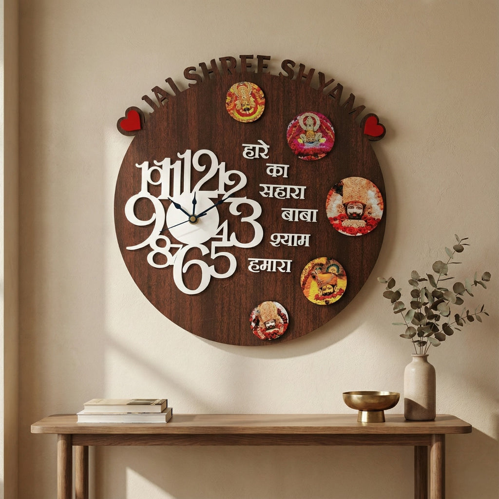 Khatu Shyam Baba Wooden Wall Clock with Free Car Hanging – Handcrafted Spiritual Timepiece for Home, Office & Temple Decor