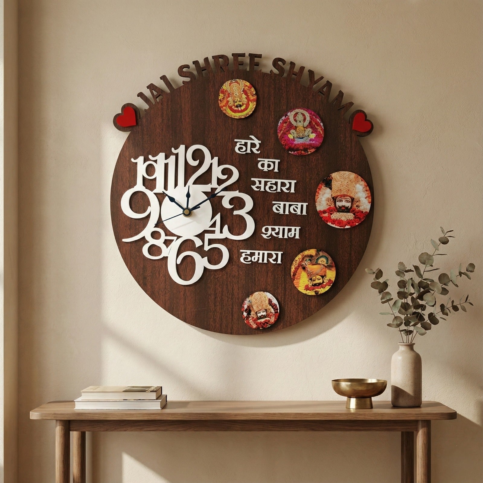 Khatu Shyam Baba Wooden Wall Clock with Free Car Hanging – Handcrafted Spiritual Timepiece for Home, Office & Temple Decor