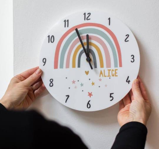 Personalized Rainbow Kids Wall Clock – Custom Name Nursery Room Decor (12 inches)